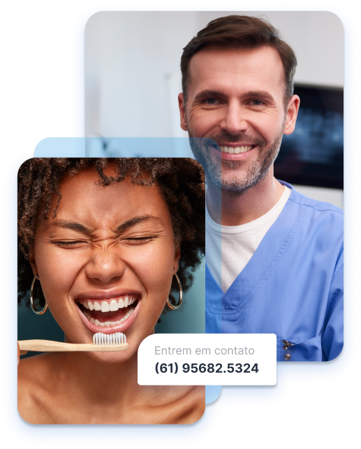 Smiling-dentist-and-woman-brushing-her-own-teeth-with-clinic-contact-number