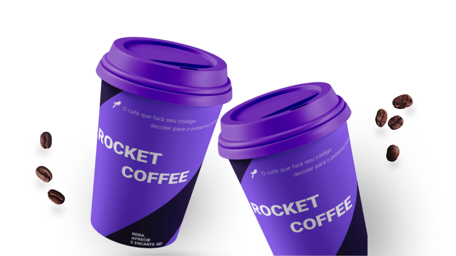 Imagem de dois copos da rocketcoffe com grãos de café ao lado